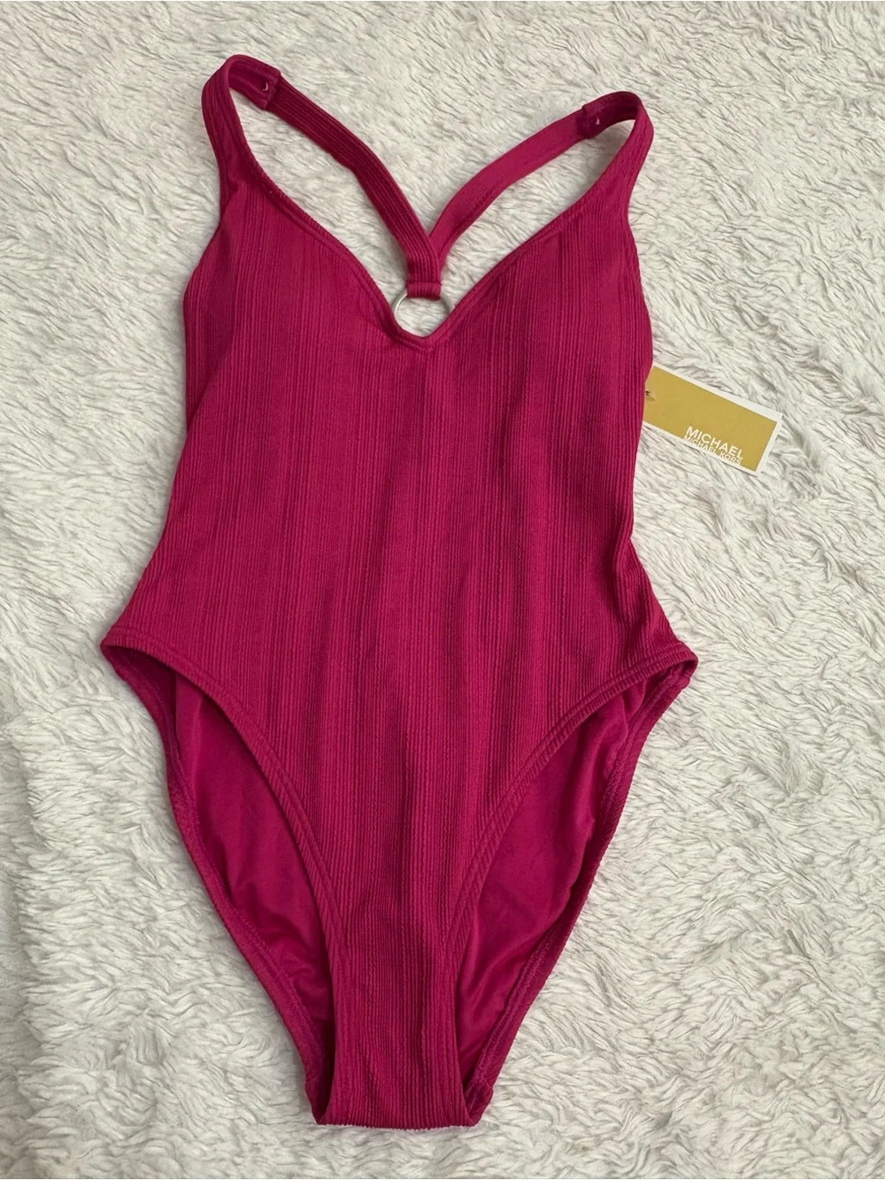 Michael Kors Women's Plunging V Neck Cross Back Hot Pink One Piece Swimsuit 6